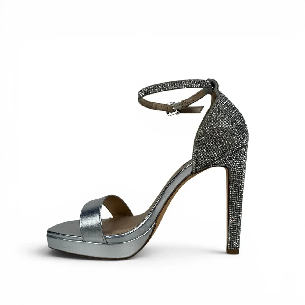Steve Madden Maisa Silver Rhinestone Platform Sandals Heels Womens 10 Square Toe